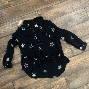 Vintage Havana Black Star Embroidered Button Down Tie Shirt